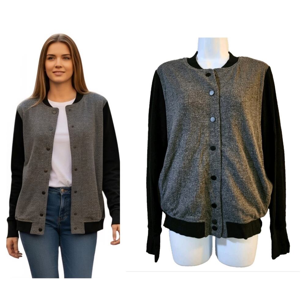 BCBGeneration Womens Knit Varsity Bomber Sweater Size S Gray Black Snap Front